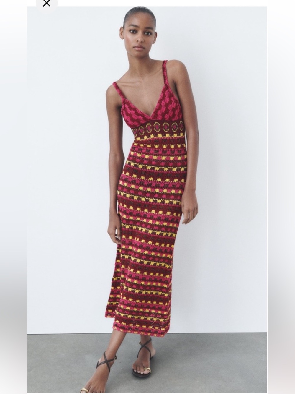 Zara crochet Pink & Yellow Knit Slip Dress cotton blend S